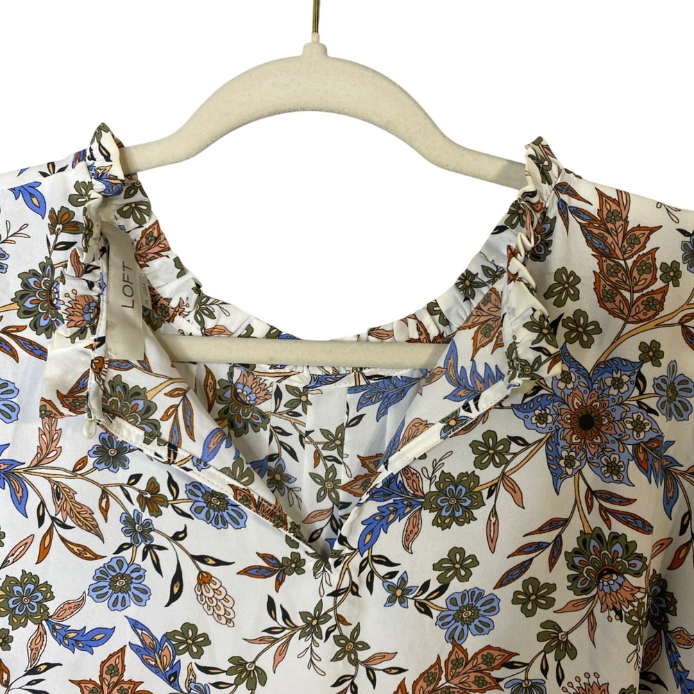 LOFT Womens XL Floral Paisley Pintuck Ruffle Neck Keyhole Back Blouse White Blue - Picture 8 of 12